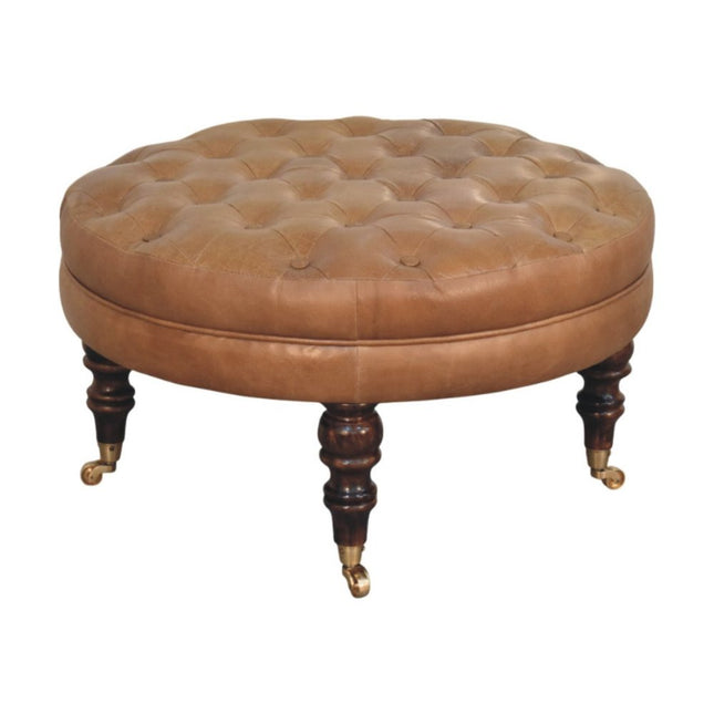 32" Brown Leather Round Footstool