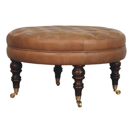 32" Brown Leather Round Footstool