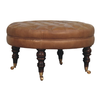 32" Brown Leather Round Footstool
