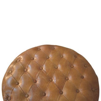 32" Brown Leather Round Footstool