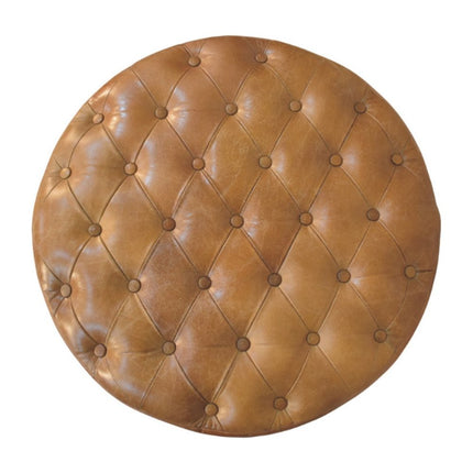 32" Brown Leather Round Footstool