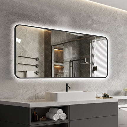 24" Black Aluminum Lighted Framed Bathroom Vanity Mirror