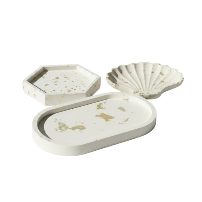 Set of Three Gold And White Resin Handmade Trinket Trays