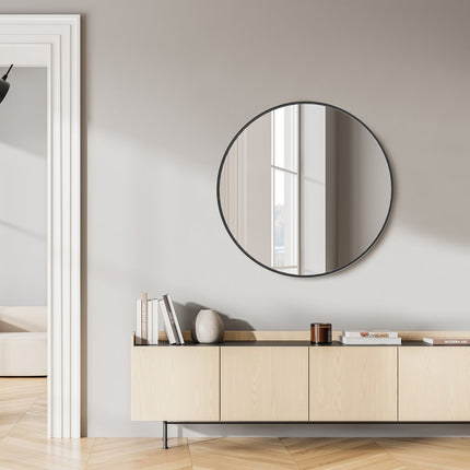 30" Black Aluminum Round Framed Accent Mirror