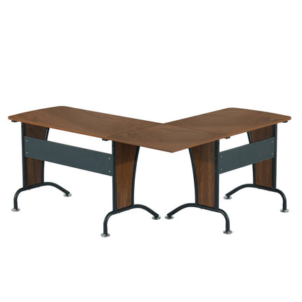 67" Walnut and Black Wood and Stainless Steel L Shape Computer Desk