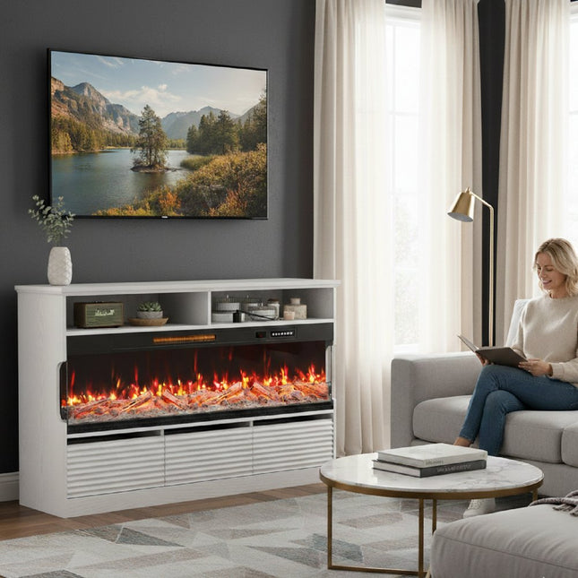 53" White Wood Fireplace Entertainment Center With Fireplace