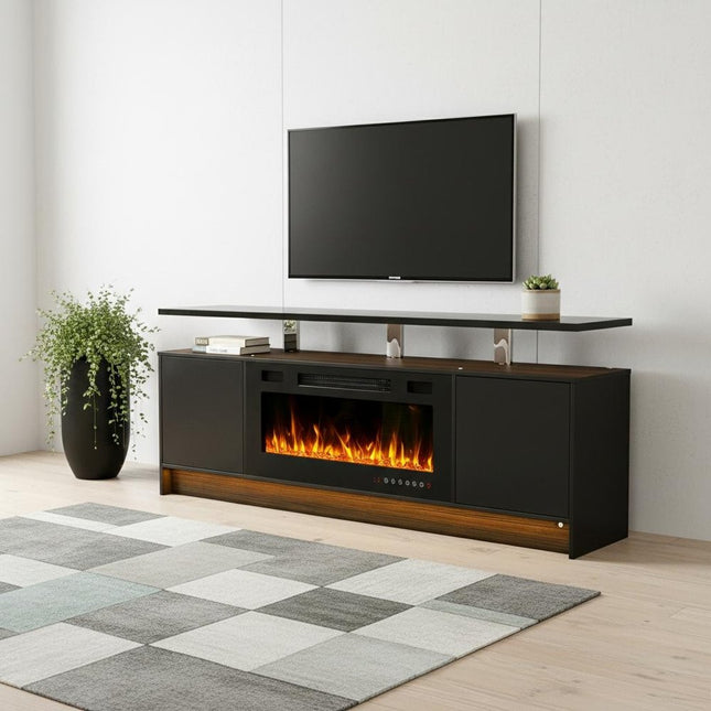 70" Black Wood Fireplace Entertainment Center With Fireplace
