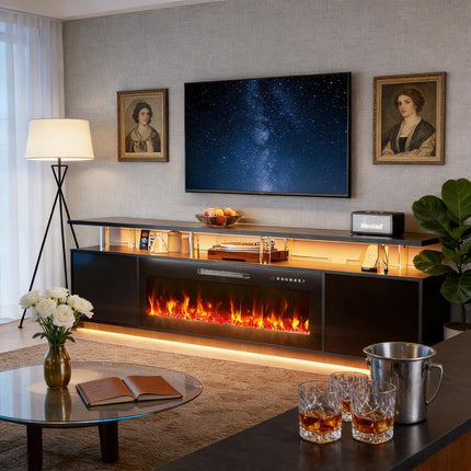 80" Black Wood Fireplace Entertainment Center With Fireplace