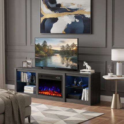 70" Black Wood Fireplace Entertainment Center With Fireplace
