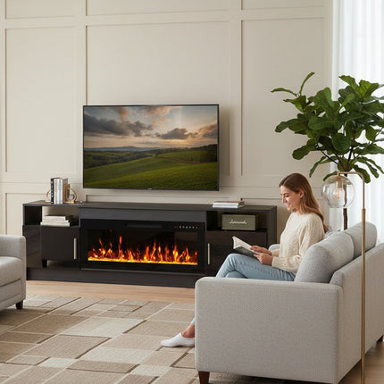 70" Black Wood Fireplace Entertainment Center With Fireplace