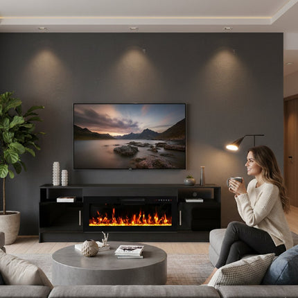 70" Black Wood Fireplace Entertainment Center With Fireplace