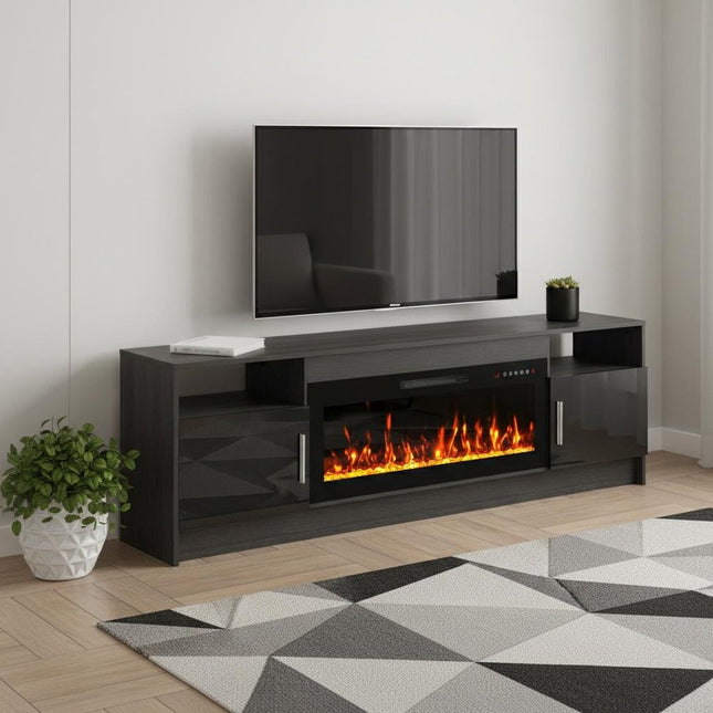 70" Black Wood Fireplace Entertainment Center With Fireplace