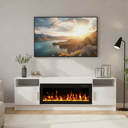 70" White Wood Fireplace Entertainment Center With Fireplace