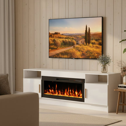70" White Wood Fireplace Entertainment Center With Fireplace