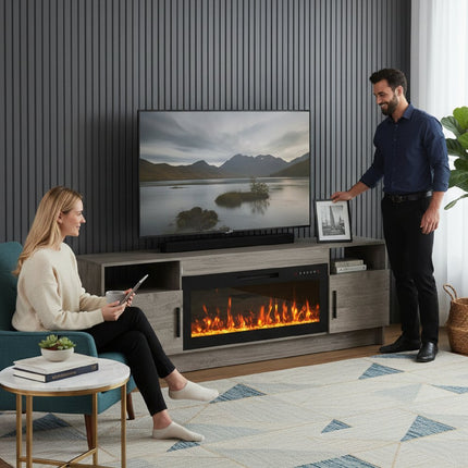 70" Gray Wood Fireplace Entertainment Center With Fireplace