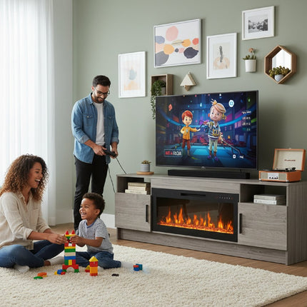 70" Gray Wood Fireplace Entertainment Center With Fireplace