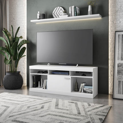 61" White Wood Enclosed and Open Storage TV Stand