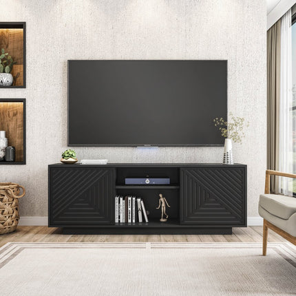 63" Black Ribbed Texture Wood Enclosed and Open Storage TV Stand