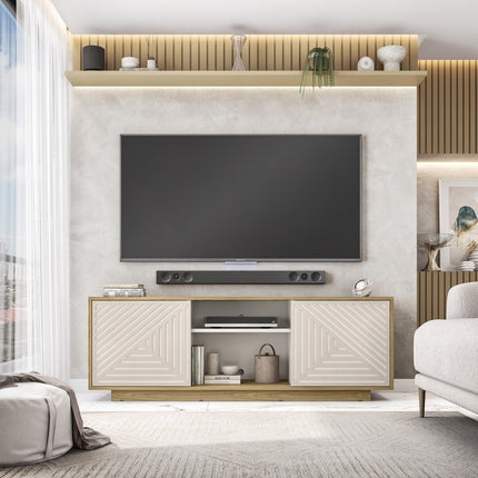 63" Oak And White Ribbed Texture Wood Enclosed and Open Storage TV Stand