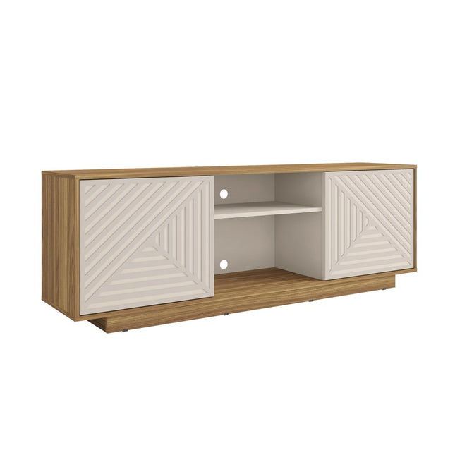 63" Oak And White Ribbed Texture Wood Enclosed and Open Storage TV Stand