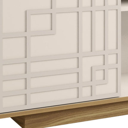 63" Oak And White Carved Geometric Wood Enclosed and Open Storage TV Stand
