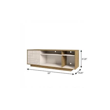 63" Oak And White Carved Geometric Wood Enclosed and Open Storage TV Stand