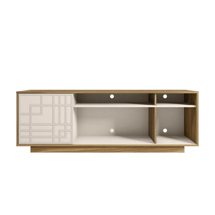 63" Oak And White Carved Geometric Wood Enclosed and Open Storage TV Stand