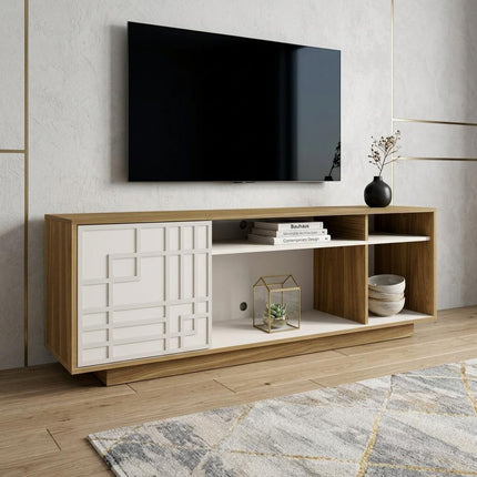 63" Oak And White Carved Geometric Wood Enclosed and Open Storage TV Stand