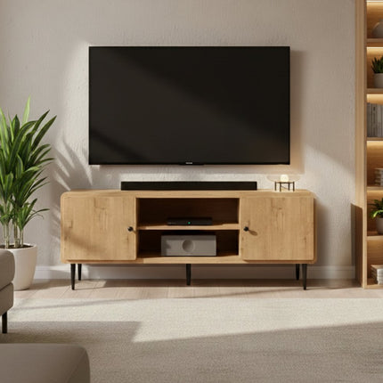 55" Oak Wood Enclosed and Open Storage TV Stand
