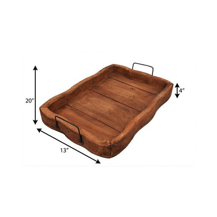20" Brown Solid Wood Handmade Scalloped Serving Tray With Handles