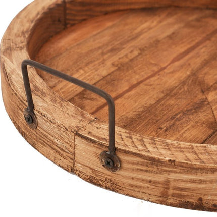 15" Natural Solid Wood Handmade Round Serving Tray With Handles