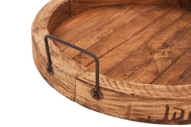 15" Natural Solid Wood Handmade Round Serving Tray With Handles