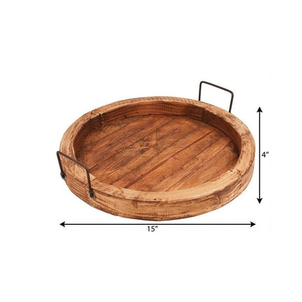 15" Natural Solid Wood Handmade Round Serving Tray With Handles