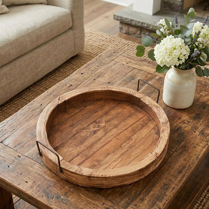 15" Natural Solid Wood Handmade Round Serving Tray With Handles