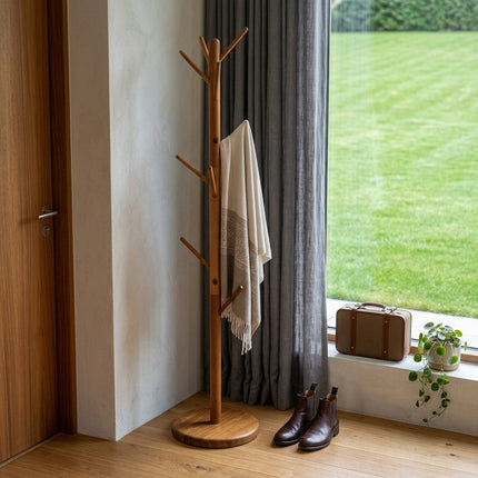 67" Brown Solid Wood Ten Hook Freestanding Coat Rack