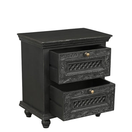 26" Black Solid Wood Square Distressed Carved Floral Two Drawer Nightstand