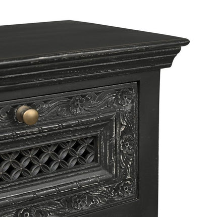 26" Black Solid Wood Square Distressed Carved Floral Two Drawer Nightstand
