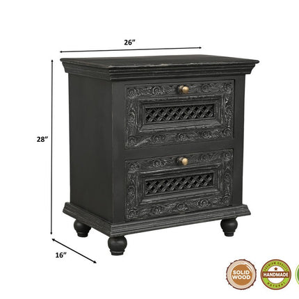 26" Black Solid Wood Square Distressed Carved Floral Two Drawer Nightstand