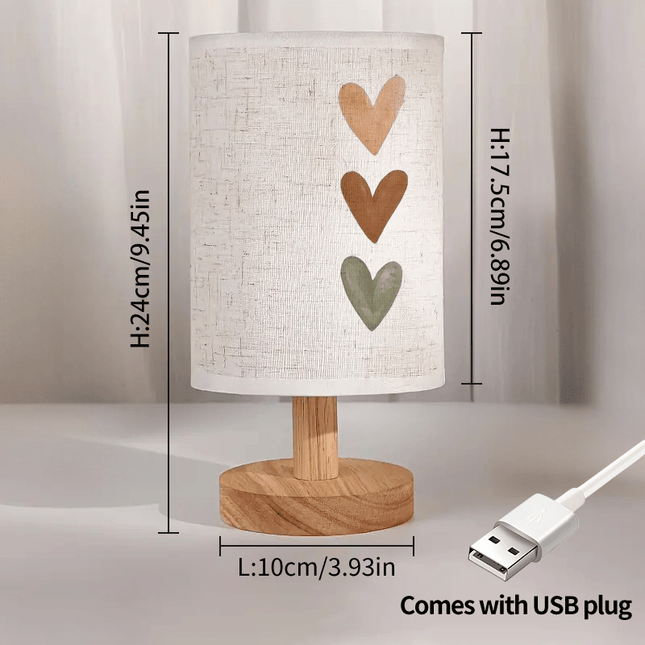 Three Heart Print Ambient Bedside Lamp, Wood Tone Table Lamp with Fabric Shade for Bedroom
