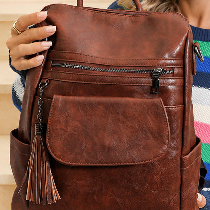 Dark Brown Tassel Decor Retro PU Large Capacity Backpack