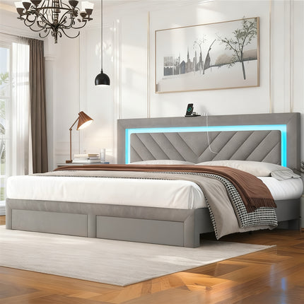 Bed Frame Featuring an Adjustable LED Headboard And Built-In Charging Station