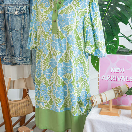 Sky Blue Floral Print Color Block Patchwork Shirt Collar Half Sleeve Mini Dress