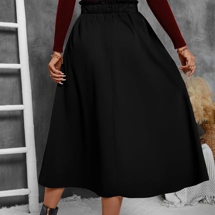 Solid Ruffle Hem Skirt, Elegant Patched Pocket Elastic Waist Loose Midi Skirt For Fall & Winter, Women's Clothing