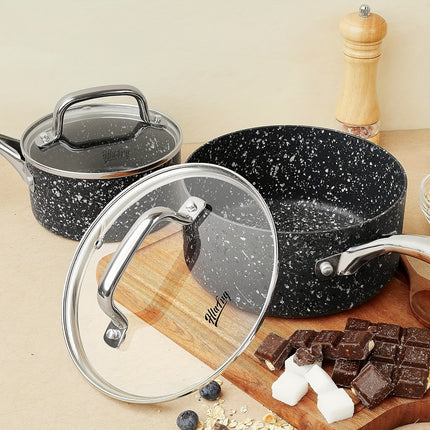 Quart Kitchen Nonstick Saucepan Set with Lid - Sauce Pan Set with Black Granite Coating