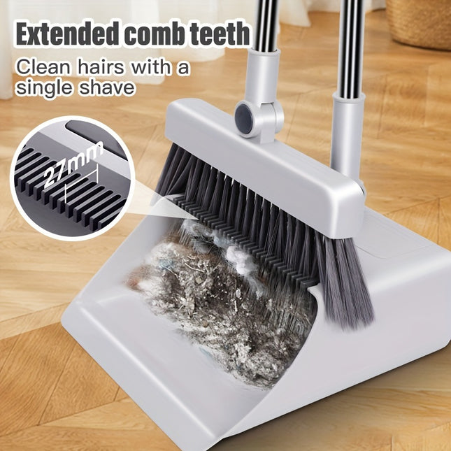 Adjustable Handle Upright Standing Broom and Dustpan Set - Heavy-Duty Long Handle with Ergonomic Grip,