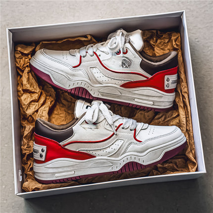 Men's Large Size Low-Top Sneakers - PU Upper & White/Red Burgundy Color