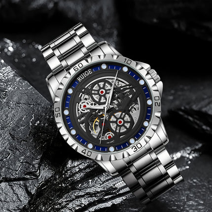 Stylish Men'S Automatic Mechanical Watch with Stainless Steel Strap, Luminous Hands & Hollow Round Dial