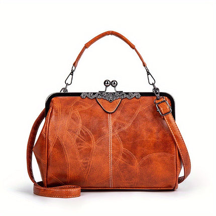 Women'S Geometric Striped Faux Leather Crossbody Bag with Removable Strap, Kiss Lock Closure