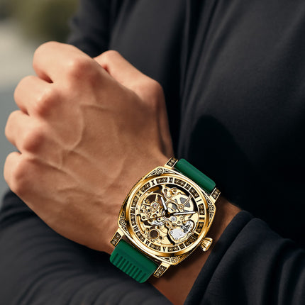 1pc Men's Vintage Roman Numeral Automatic Mechanical Watch - Green Strap