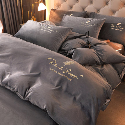 Winter Thick Coral Fleece Quilt Cover Double-sided With Velvet Flannel Bed Sheet Four-piece Set